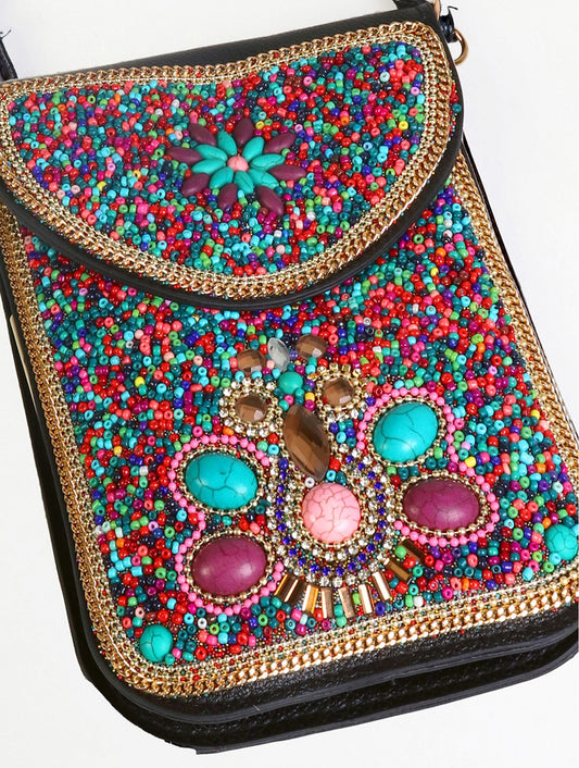 Multi-Hand-made Beaded Faux Leather Mini Purse