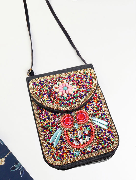 Owl-Hand-made Beaded Faux Leather Mini Purse