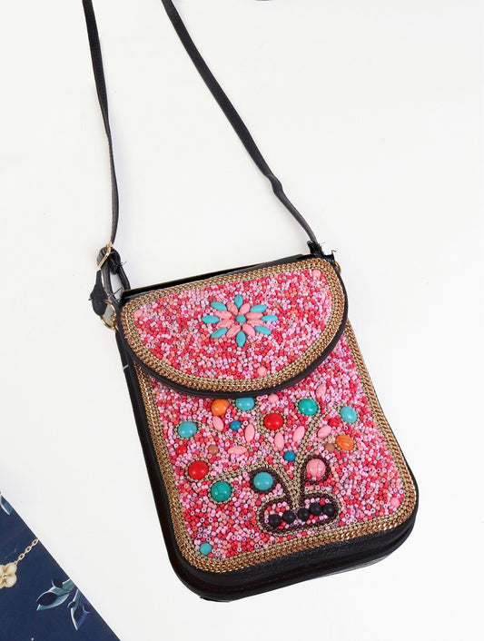 Tree-Hand-made Beaded Faux Leather Mini Purse