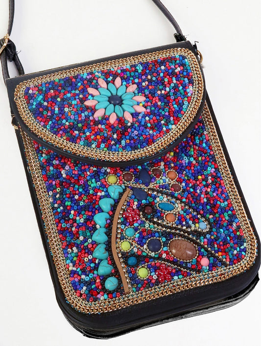 Blue-Hand-made Beaded Faux Leather Mini Purse