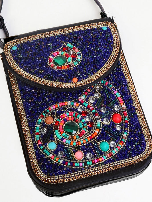 Shell-Hand-made Beaded Faux Leather Mini Purse