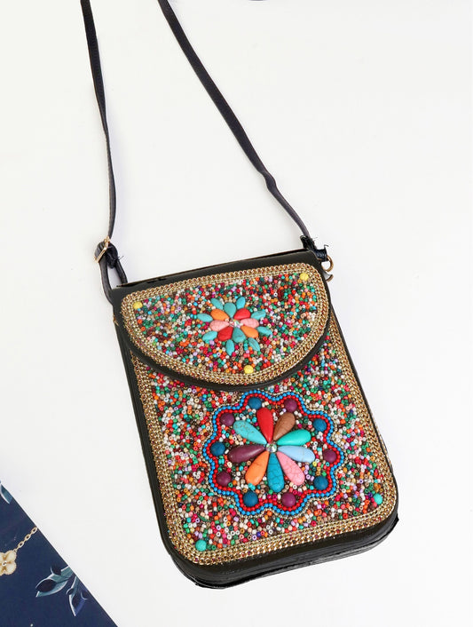 Flower-Hand-made Beaded Faux Leather Mini Purse