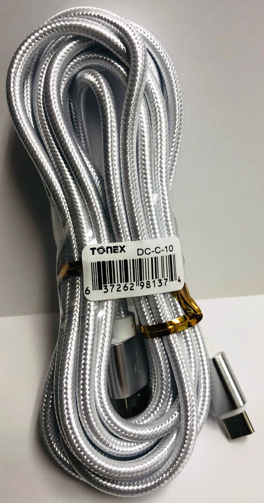 Tonex" 10FT Type C USB Braided Cable, White USBC