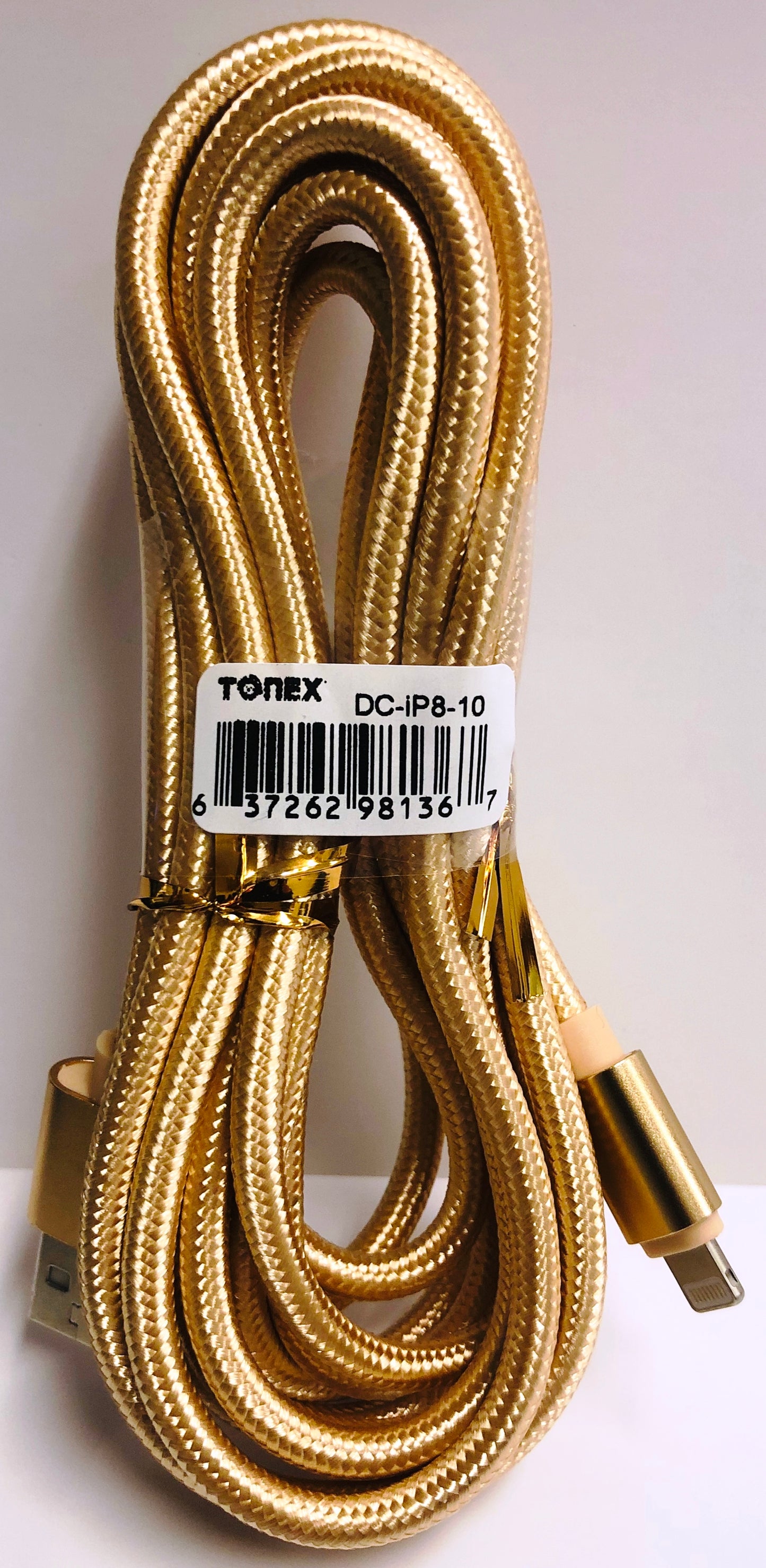 "Tonex" 10" Apple 8 Pin Lightning USB Braided Cable, Gold