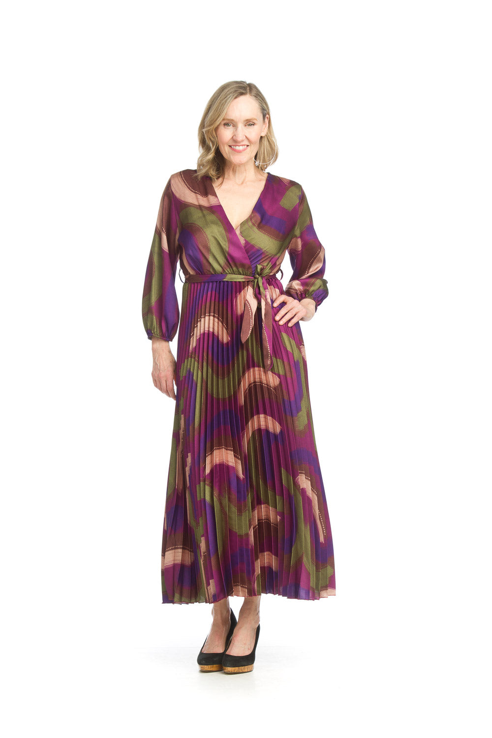 Papi SATIN ABSTRACT PRINT PLEATED DRESS WITH TIE BELL