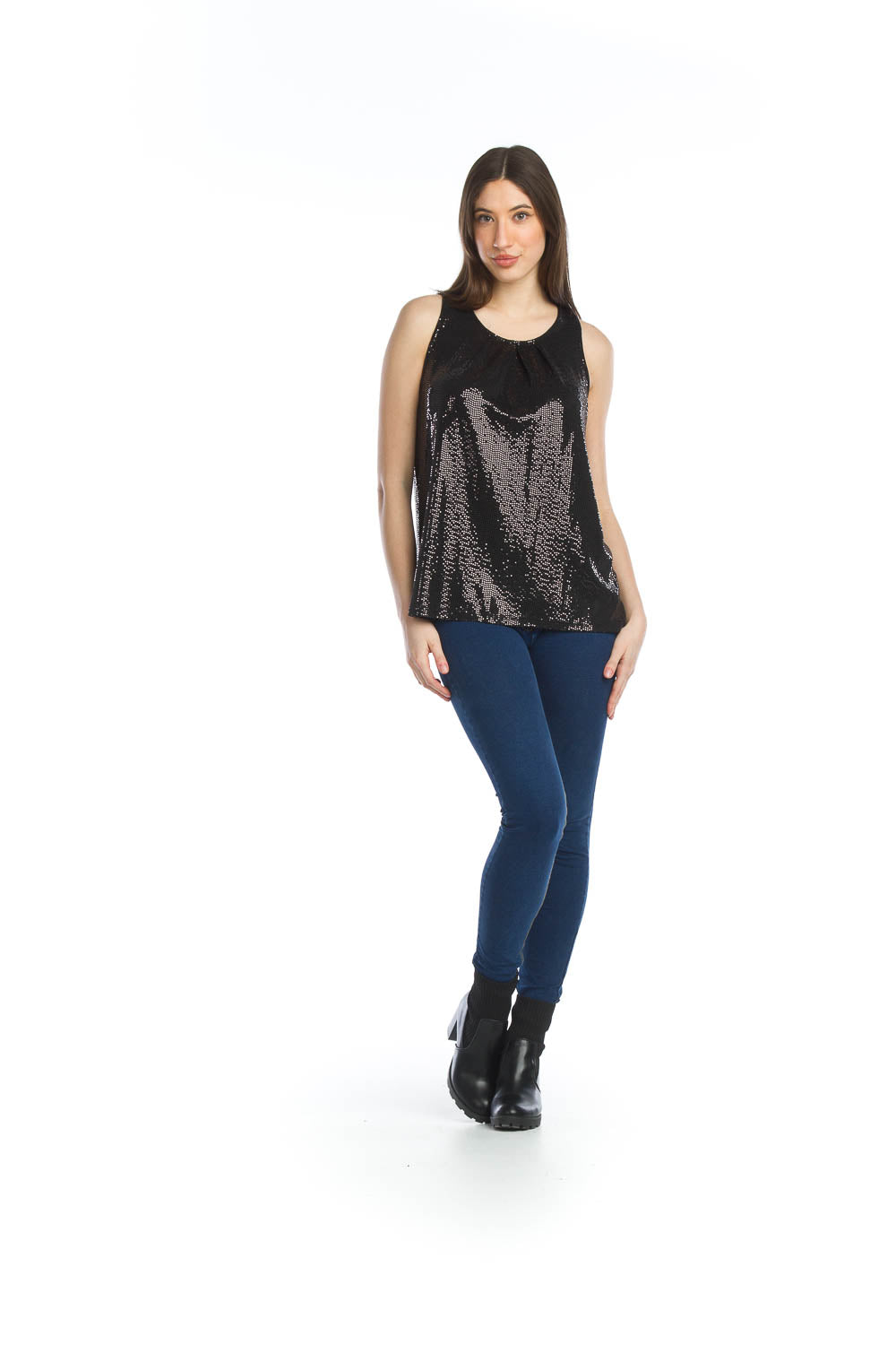 Papi Black Sequin Pleated Stretch Top